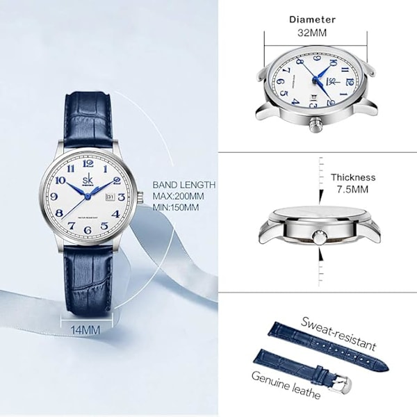 SK Classic Business Kvinder Ur med Rustfrit Stål Rem og Ægte Læder Elegant Dame Kalender Ur
