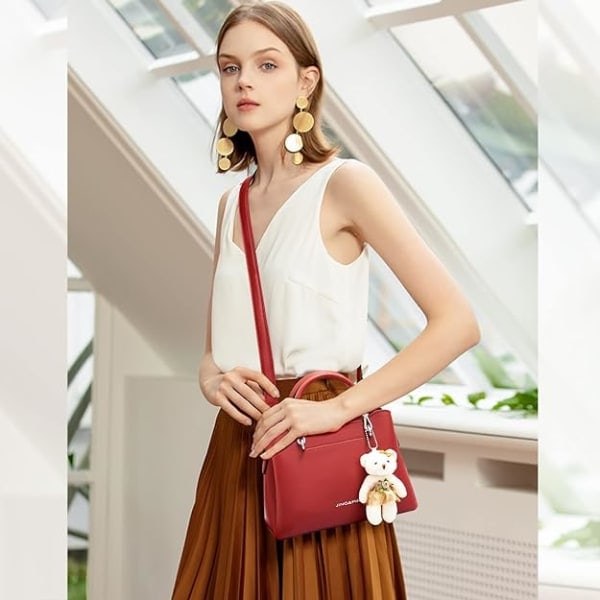 Dame Crossbody Mote Topphåndtak Vesker Dame Skuldervesker PU Lær Satchel Veske Jenter Messenger Vesker Lommebøker Håndveske med Bjørneanheng Burgundy