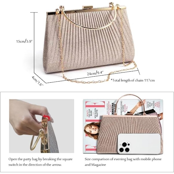Aften Tasker Fest Clutch Taske Bryllup Pung Dame Håndtaske Ceremoni Tasker Skuldertaske med Kæde til Bryllup Brud Banket 2-oro