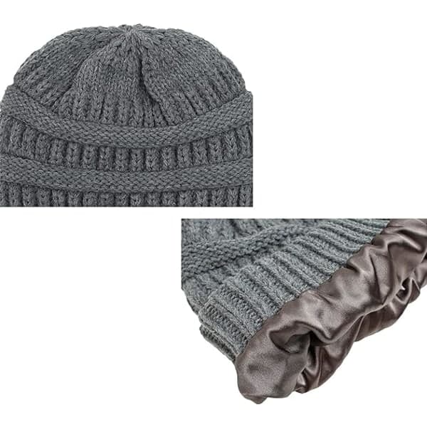 Varm stickad vintermössa med satin-foder, kabelstickad beanie, tjock slouchy skull cap för kvinnor (Grå)