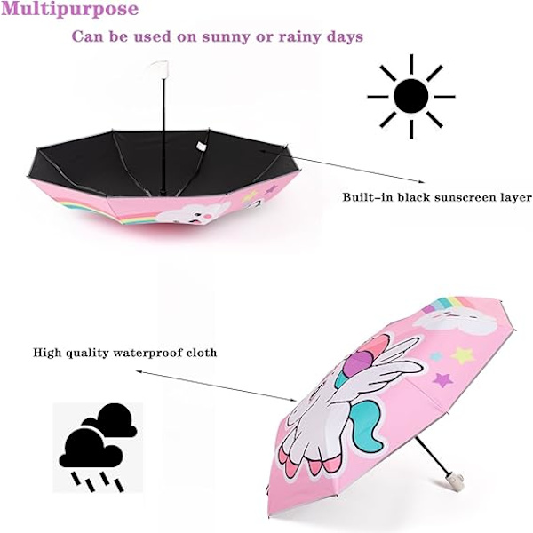 Automatisk Vikbart Barnparasoll UV-Resistent Reseparasoll En-Knapp Öppning-Stängning Cartoon Tryck Anti-studs Design Parasoll Bärbar Vatten As shown