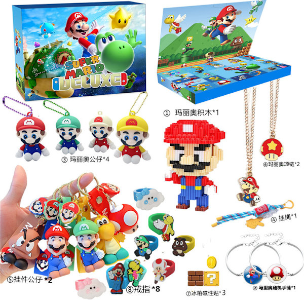 Super Mario Børnekalender til Børn 2024, 24 overraskende julegaver med farverige Mario legetøj Bracelet