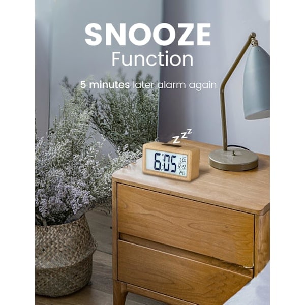 Træ vækkeur med stor LCD-skærm, temperatur, snooze-funktion, lyssensor, 3 AAA batteridrevet [batteri ikke inkluderet]