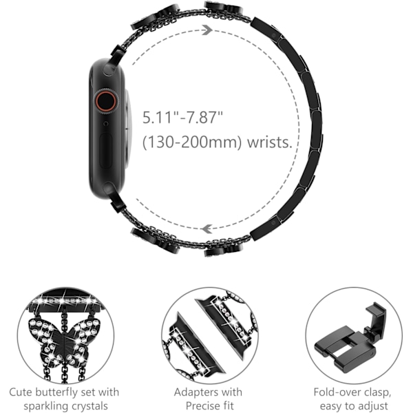 Ranneke Apple Watchille - Naisellinen, Kimaltava Perhonen, Muodikkaat Metalliset Linkit, Ruostumaton Teräs, Vaihtohihnaksi Black 38/40/41mm