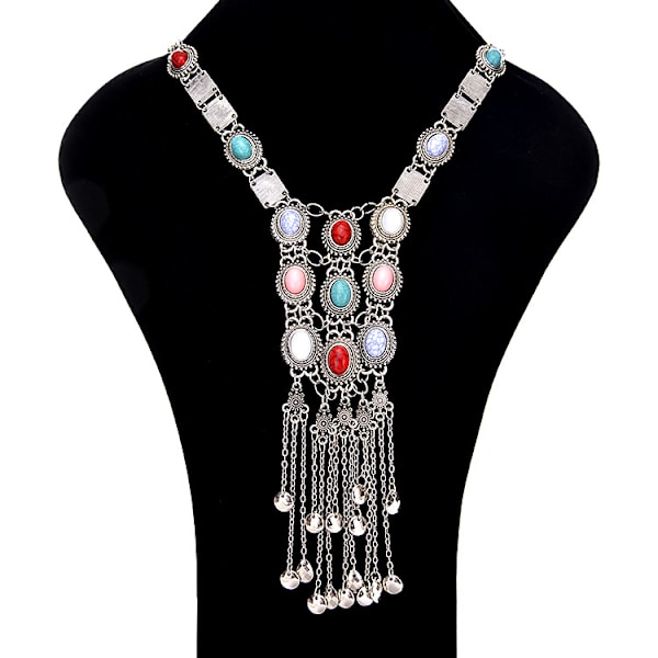 Elegant Bohemian Rose Retro Rhinestone Turkis Sølv Gull Langt Etnisk Kjede Halskjede For Kvinner A