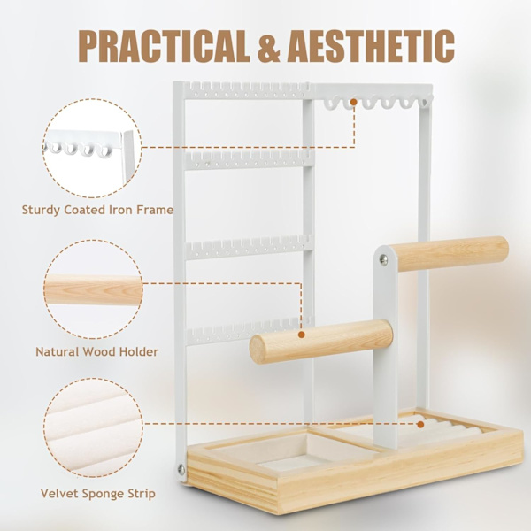 Smykkestativ - Ørering Organiser - Smykke Organiser - Ørering Hanger med Fløjlsbeklædt Bakke - Ørering, Halskæder (Hvid)