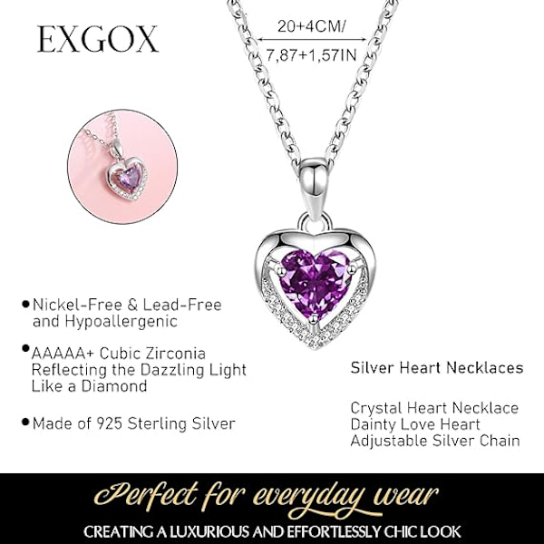 Silver Heart Halsband, 925 Sterling Silver Halsband för Kvinnor Kristall Hjärta Halsband Fin Kärlek Hjärta Halsband Silver Kedja Halsband Kvinnor Present Purple-Crystal Heart