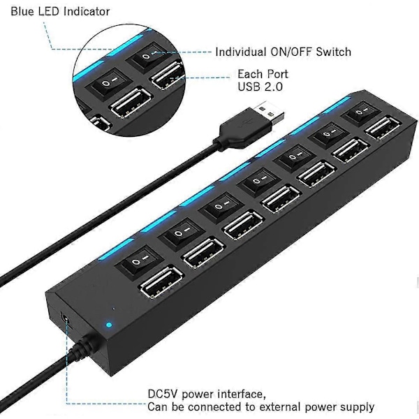 7-Port USB 2.0 Hub med Individuella Strömbrytare och LED-lampor, USB Hub 2.0 Splitter för Alla USB-enheter