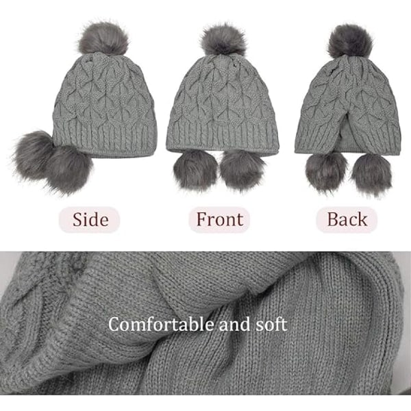 Vintermössa för kvinnor, stickad med tofs, vindtäta öronlappar Grey