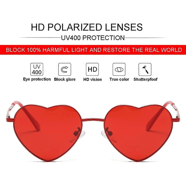 SDIGV Polariserte Hjerte Solbriller for Kvinner Mote Nydelig Stil Metallramme UV400 Beskyttelse Linse All Red Clear Red