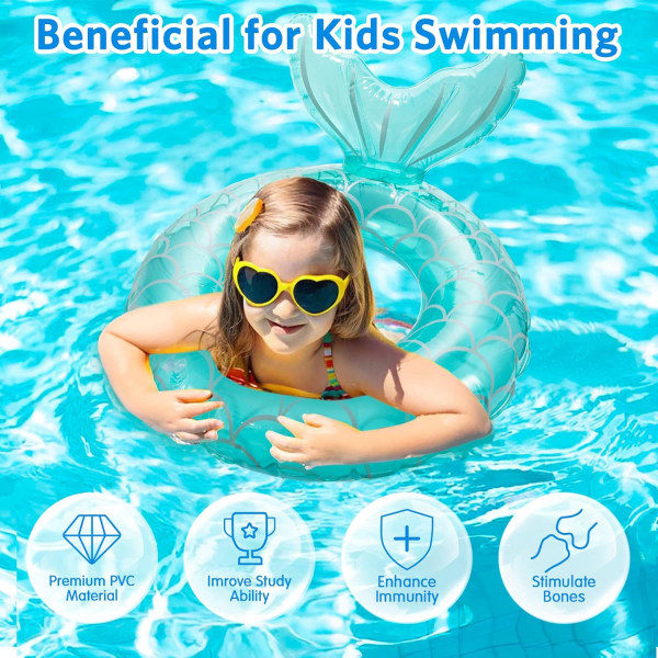 Svømmering til børn, holdbare oppustelige pool floats, havfrue anime gummi float ring, flydende sommer strandfest for 4-9 børn og vandsport Mermaid Blue