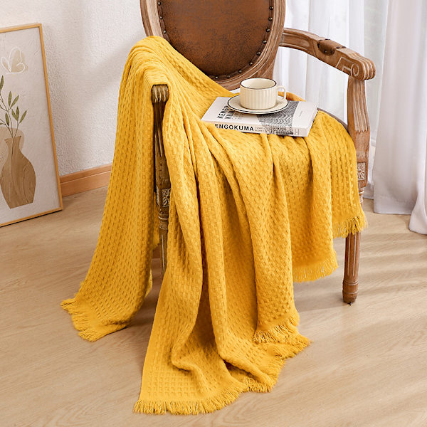 Vaffeltepper, sofatepper, strikkede tepper, luftkondisjoneringstepper Ginger yellow