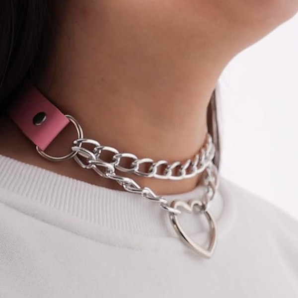 Punk Goth PU Läder Choker Halsband med Hjärthänge Berlocker Choker för Kvinnor Män C