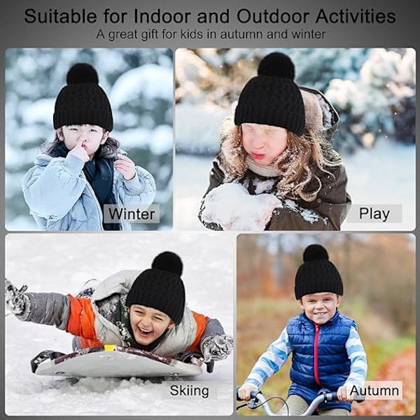 Vintermössa, Halsduk och Vantar Set för Barn, 3-Delar Stickad Varm Crochet Tjock Fluffig Halsduk Pom Pom Mössa Två Fingrar Touch Screen Vantar Set Black