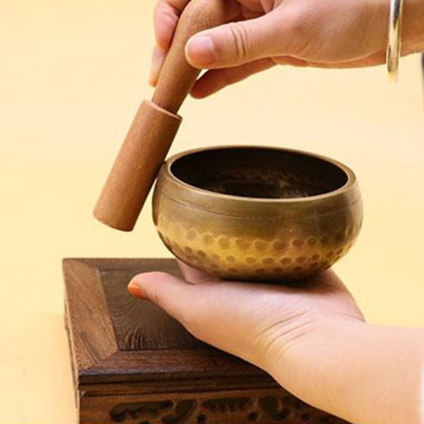 Ljudskål med träpinne kudde set hantverk musik tibetansk sångskål för yoga chakra 9.5cm