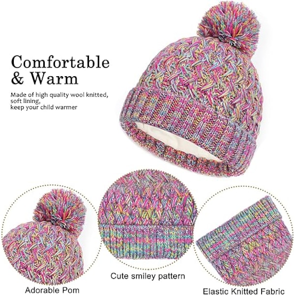 Vintermössa, Halsduk och Vantar Set för Barn, 3-Delar Stickad Varm Crochet Tjock Fluffig Halsduk Pom Pom Mössa Två Fingrar Touch Screen Vantar Set Iridescent