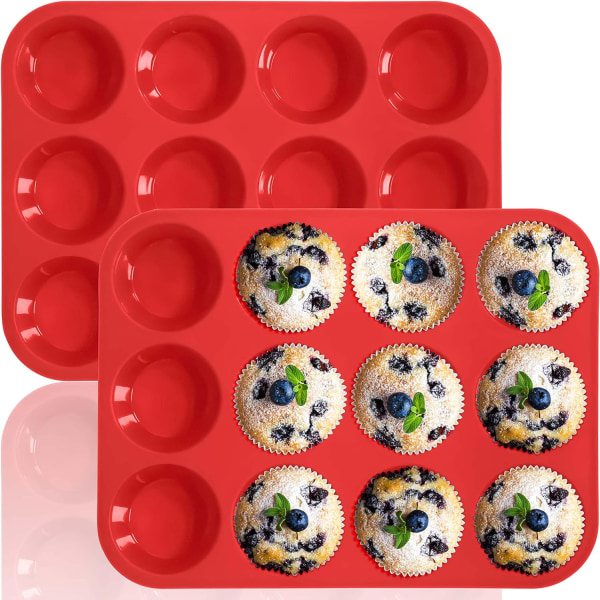 Silikon Muffinform - Vanlig 12 Kopper Cupcakebrett, Non-Stick Silikon Bakeformer for Å Lage Muffins, Cupcakes, Sjokolade 2 Pack 12cups