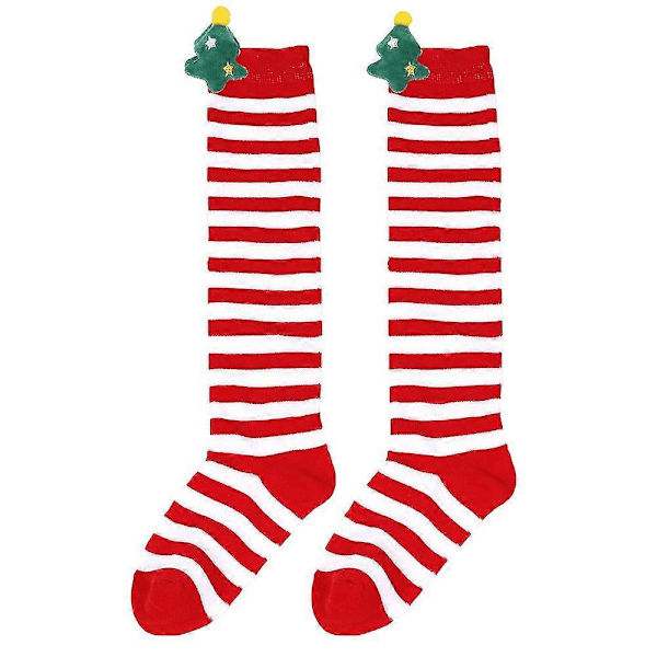 Uudet syksyn ja talven lasten joulusukat, söpöt pehmolelusukat, polvisukat, raidalliset sukat, sarjakuvahahmosukat Red White Thin Christmas Trees