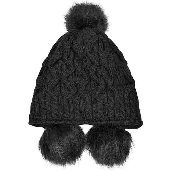 Vinterhue til kvinder, strikket med pompon, vindtætte øreklapper Black