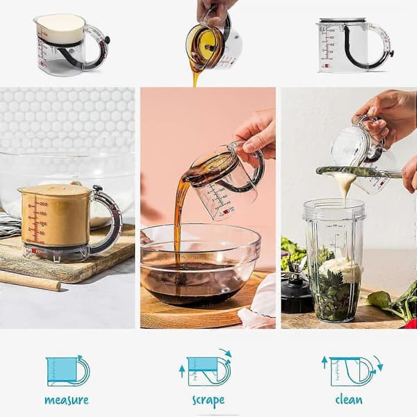 4 i 1 Justerbar Mätkopp med Skrapa-Stil Förseglad Bas Push-In Mätkoppar Inget Spill Design Multi Mätkubkoppar