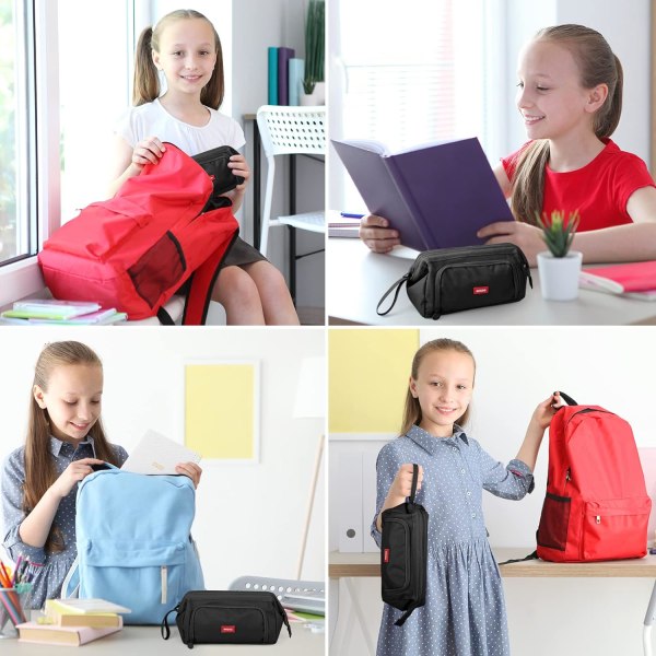 Store Blyantvesker Super Stor Blyantveske Glidelås Jevn Blyantveske Lomme Holder Skriveartikkel Organizer Varig Skole Blyantvesker for Tenåringsjenter Gutter Black