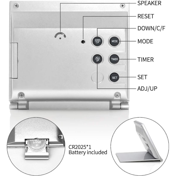 Digital resealarmklocka - Fällbar kalendertemperatur LCD-klocka med snooze-läge - Stor sifferdisplay, batteridriven (silver, ingen bakgrundsbelysning)