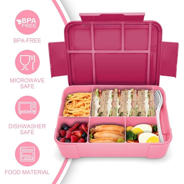 Bento Matlåda Barn, Bento Matlåda Vuxna med 5 Fack och 2 Salladsdressingbehållare Pink
