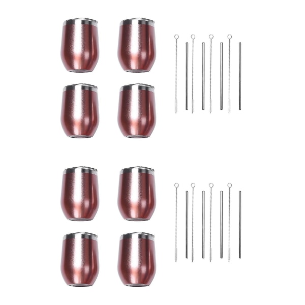 8 Pack 12 Oz Stainless Steel Stemless Wine Glass / Mug with 8 Straws Insulated Thermal Wine Glass W