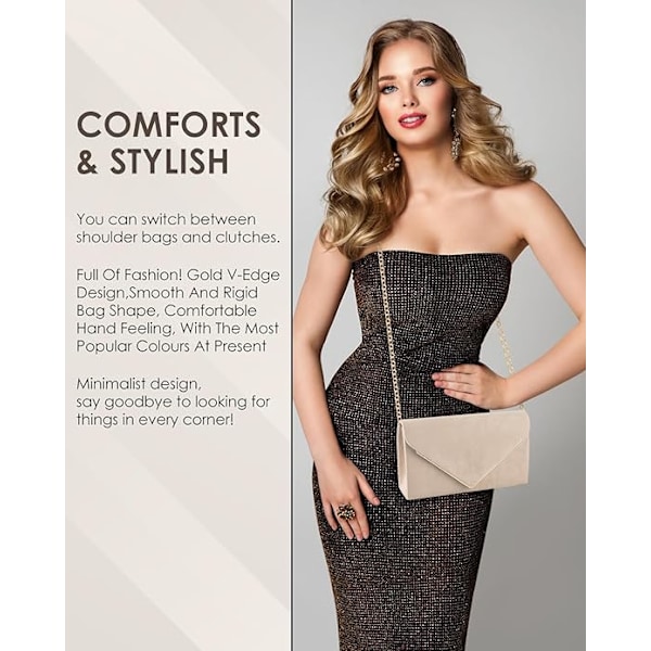 Kvinners Faux Suede Kveldsclutchvesker, Prom Håndveske Formelle Festclutch Bryllupsvesker Cocktail Promenade Skulder med Avtakbar Stropp