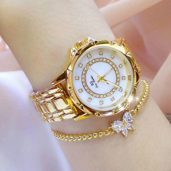 Watch med case, analogt armbandsur, gnistrande watch, modell: guld - modell:Guld