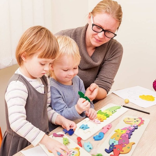 Träpussel Leksaker för Småbarn 1-3 År Gamla, Djur Dinosaurie Krokodil Apa, Färgglada Numrerade Pussel Lärande Utbildningsleksaker.