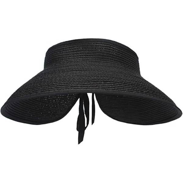 Stor Strandhatt i Halm för Kvinnor, Vikbar Bredbrättad Hatt för Dam, Solskydd, Bucket Hat med Rosett Black