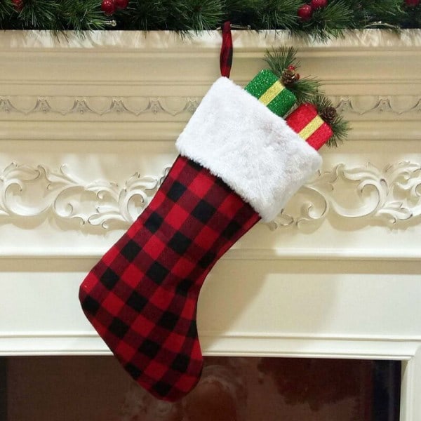Julstrumpa Presentpåse Dörrhängande Dekoration Rutiga Tyg Julstrumpa Presentpåse Ornament Förvaringsväska Röd