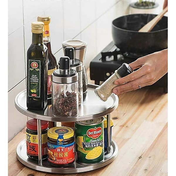 Krydderihylde i rustfrit stål, Lazy Susan drejeskive, 2-lags 360-graders roterende Lazy Susan skabsarrangør, 10 tommer