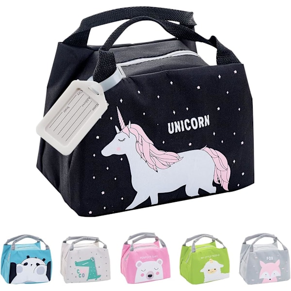 Lunchväska för flicka, Mini Isotherm Lunch Bag, Kylväska Barn, Picknickväska Söt, Vattentät Lunchväska, Fällbar Lunchväska för Arbete Skola Picknick Black