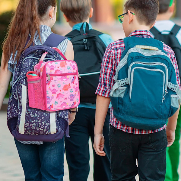 Madpakke til Piger, Isoleret Madpakke til Børn, Bærbar Madkøletaske til Skole, med Flaskeholder, Vandafvisende Foring, Pink Enhjørning Pink Dinosaur