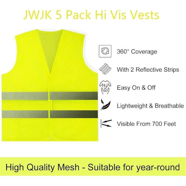 5 kpl Hi Vis -liivejä, turvaliivejä, vakiokokoisia heijastinliivejä, unisex Hi Vis -takki liikennetyöhön, juoksuun, maanmittaajille