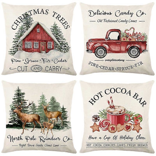 Merry Christmas Pudebetræk 45x45cm Pyntepudebetræk Vinter Juledekorationer til Hjemmet Træ Hjort Sofa Pudebetræk