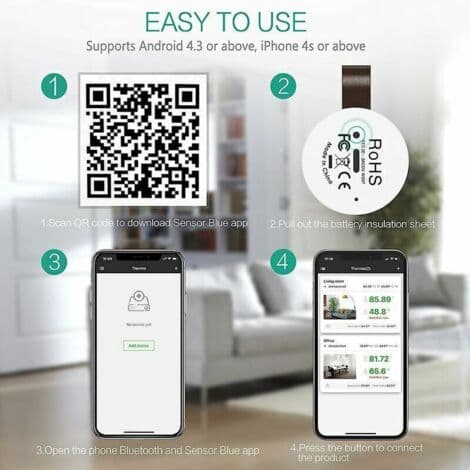 Bluetooth termometer hygrometer, mini trådlös inomhus termo-hygrometer med dataexportfunktion, kompatibel med iOS och Android för vin