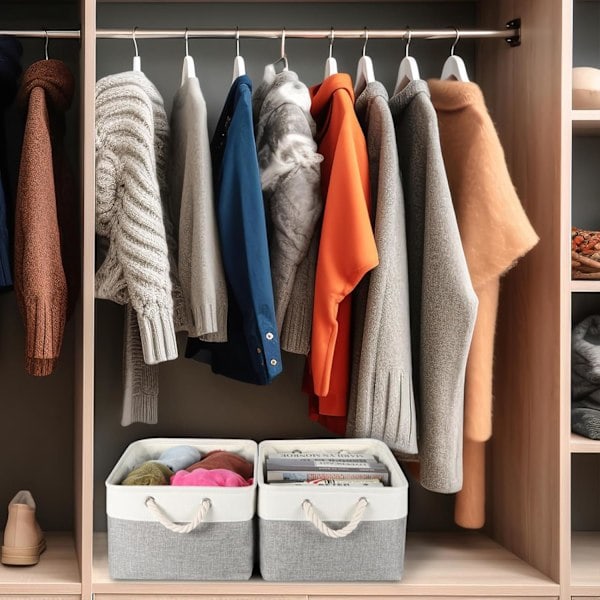 Oppbevaringskurv for hyller, oppbevaringsbokser med håndtak, store oppbevaringsbeholdere i stoff for organisering av hjem og kontor, hvit og grå White/Grey 15inch-4pack