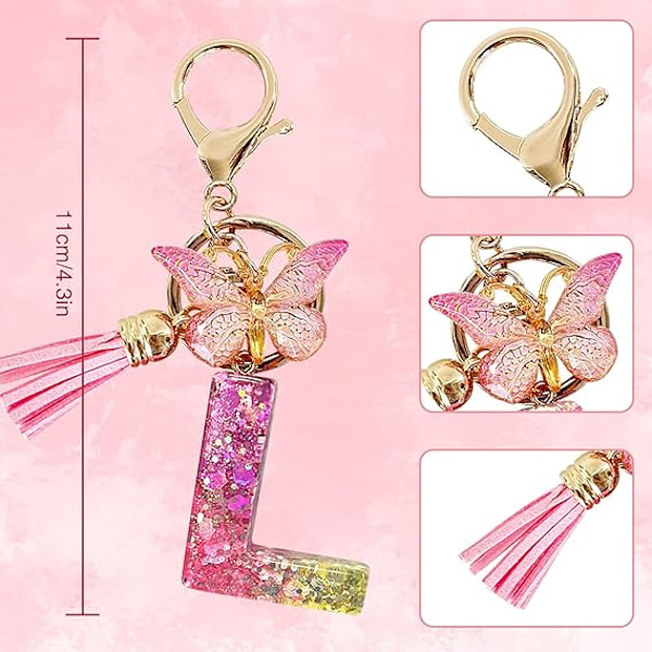 Alfabetet nøglering ringe Pink Cute nøglering med sommerfugl kvast vedhæng indledende bogstaver L