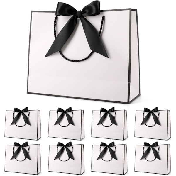 Gaveposer til gaver, papirgaveposer med sløyfebånd, gaveposer til bryllup, brudepiker, bursdag, fest, feiring, 12.6x9.8x3.9 tommer White-Black ribbon