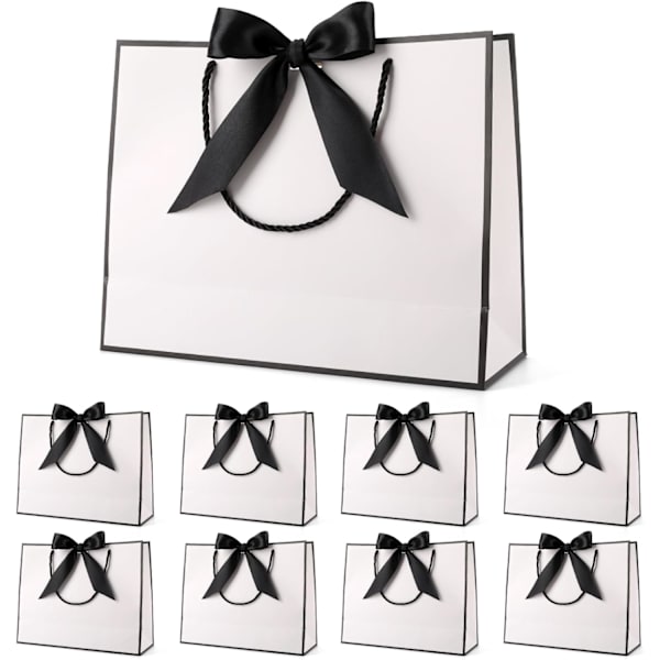 Presentpåsar för presenter, presentpåsar i papper med rosettband, presentpåsar för bröllop, brudtärnor, födelsedag, fest, firande, 12,6 x 9,8 x 3,9 tum White-Black ribbon