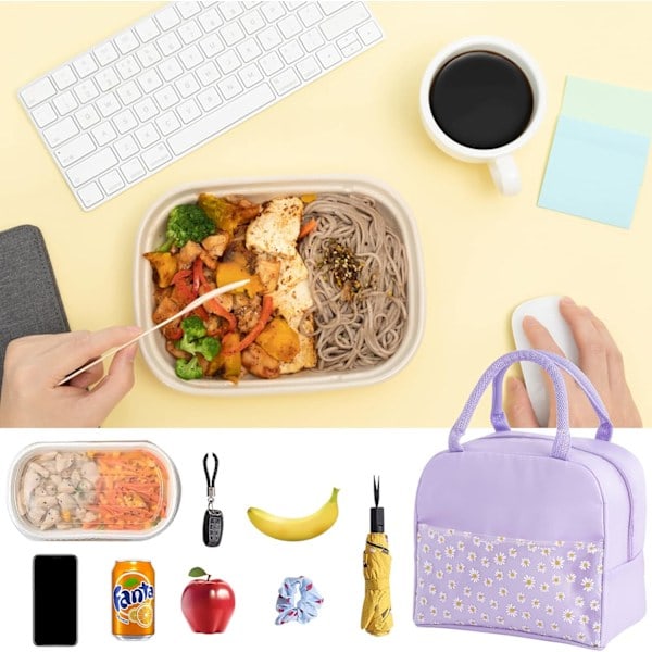 Isolerad Lunchväska för Kvinnor, Bärbar Vattentät Kylväska med Tusensköna Mönster Transparent Fack, Lunchväska Purple
