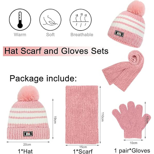 3-pack Vintermössa, Halsduk och Vantar för Barn 2-8 år - Pojkar och Flickor. Vintertillbehör Set, Tjock Stickad Varm Fleecefodrad Termisk Set Pink