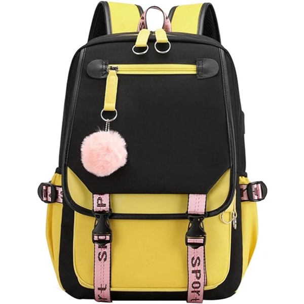 Ryggsäck för tonårsflickor, mellanstadieelever, utomhusryggsäck med USB-laddningsport Yellow Black
