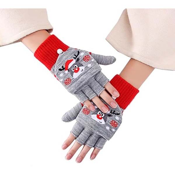 Vuxna Julvantar Stickade Halvfinger Vantar med Vändbar Skydd Konvertibla Vantar Vinter Varma Vantar Reindeer Grey