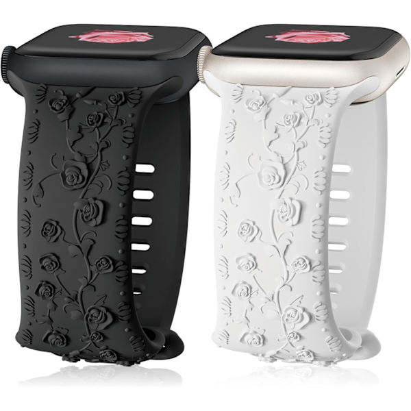 Gravert Rem for Apple Watch-reimer, iwatch-reim Kvinner, Myk Silikon Rose Blomstermønster Bånd for iWatch Series-reim Black/White 38/40/41mm