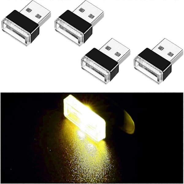 4 stk. USB LED Bil Lysarmatur, Mini USB Bil Lys, Plug-in USB Interface Bagagerumsstemningslys Bærbart Natlys Yellow