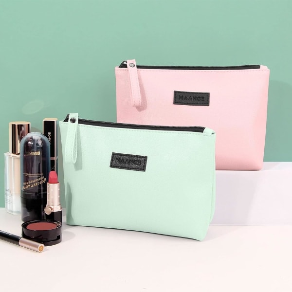 Lille Kosmetiktaske til Håndtaske Lille Makeup Taske Bærbar Rejsetaske Vandtæt PU Læder Makeup Taske med Håndtag Pink and Green